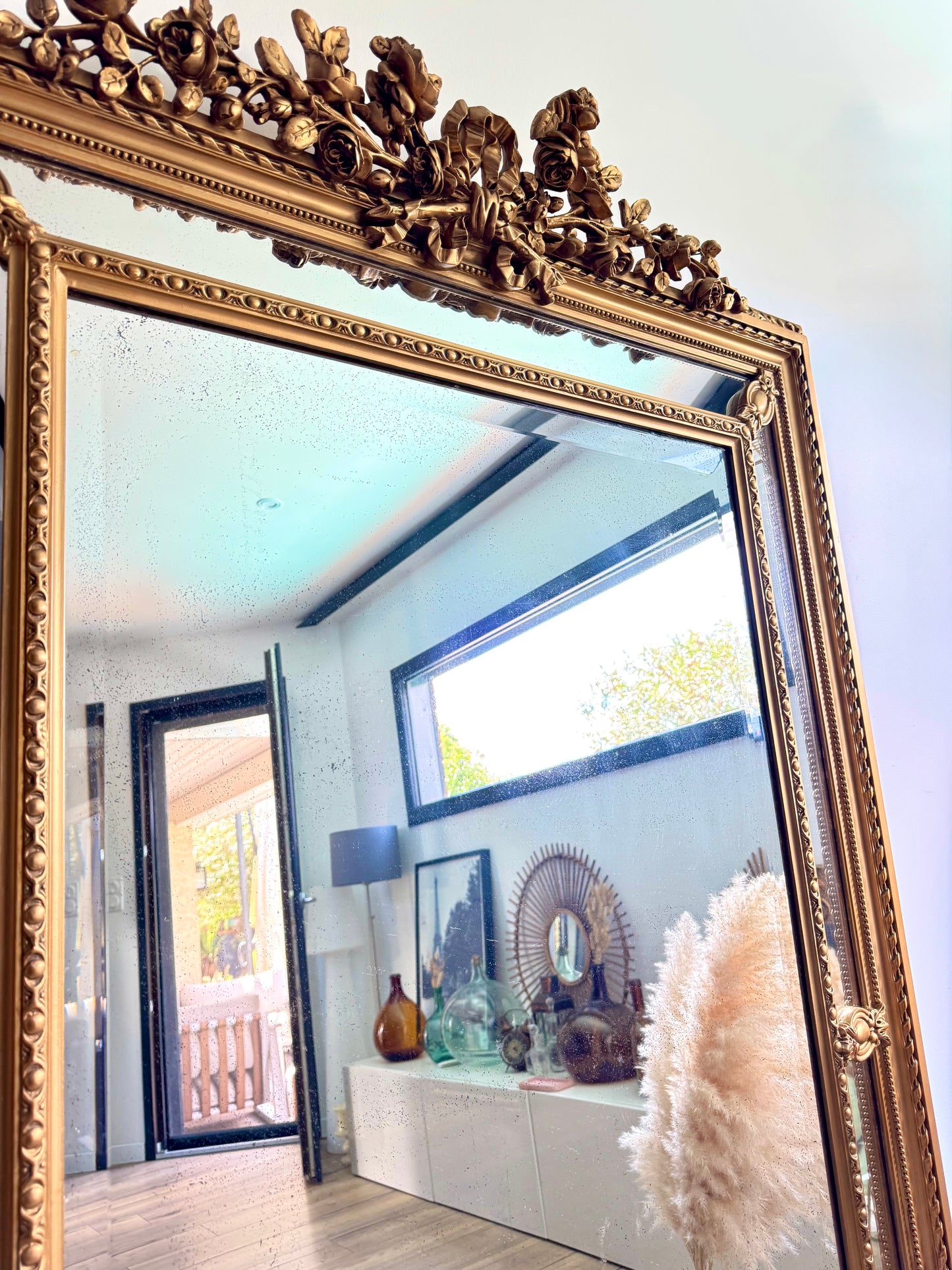 Grand miroir ancien doré à parcloses - XIXe