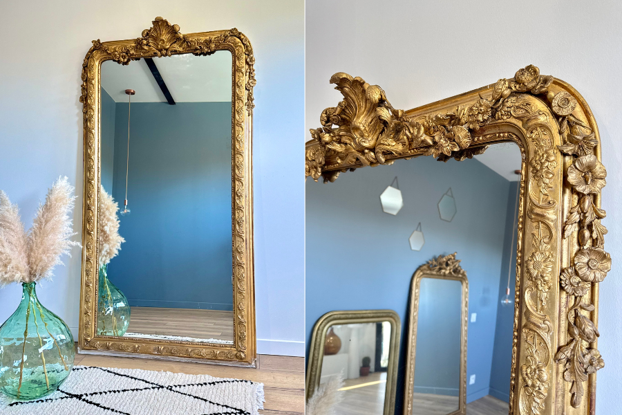 Somptueux miroir ancien à la feuille d'or
