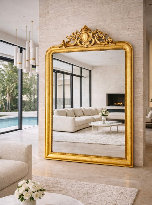 Grand miroir ancien Louis Philippe à fronton, doré à la feuille d’or