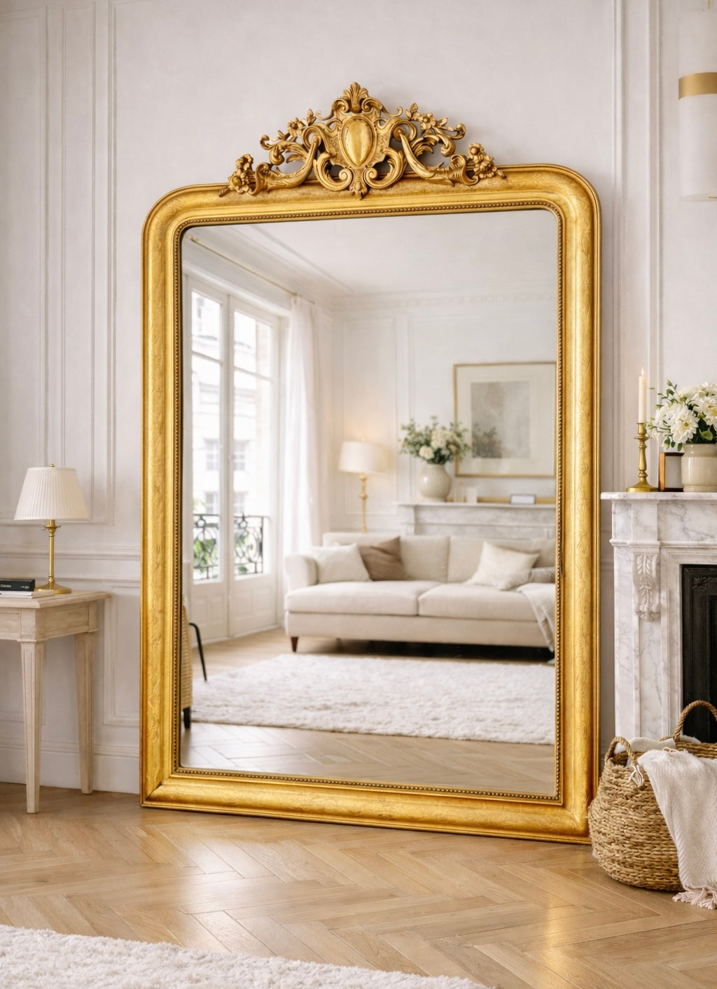 Grand miroir ancien Louis Philippe à fronton, doré à la feuille d’or