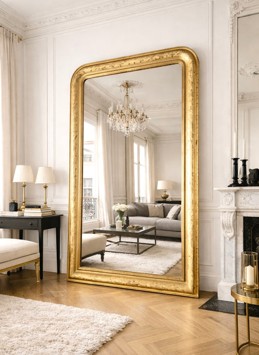 Somptueux miroir ancien Louis Philippe entièrement doré à la feuille d’or - Pièce rare.