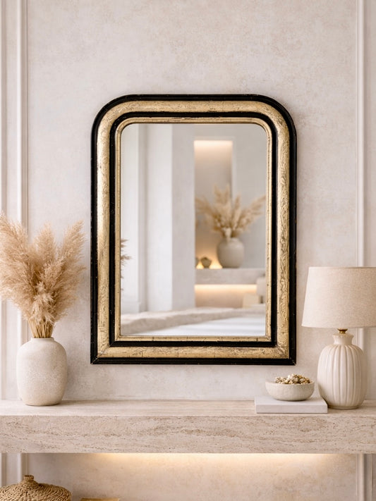Miroir ancien Louis Philippe doré à la feuille d’or et noir