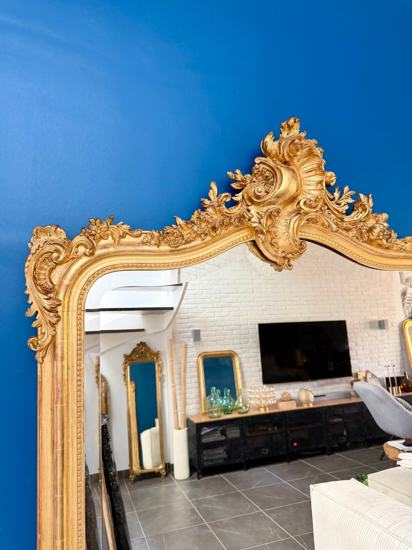 Grand miroir ancien Napoléon III doré à la feuille d’or
