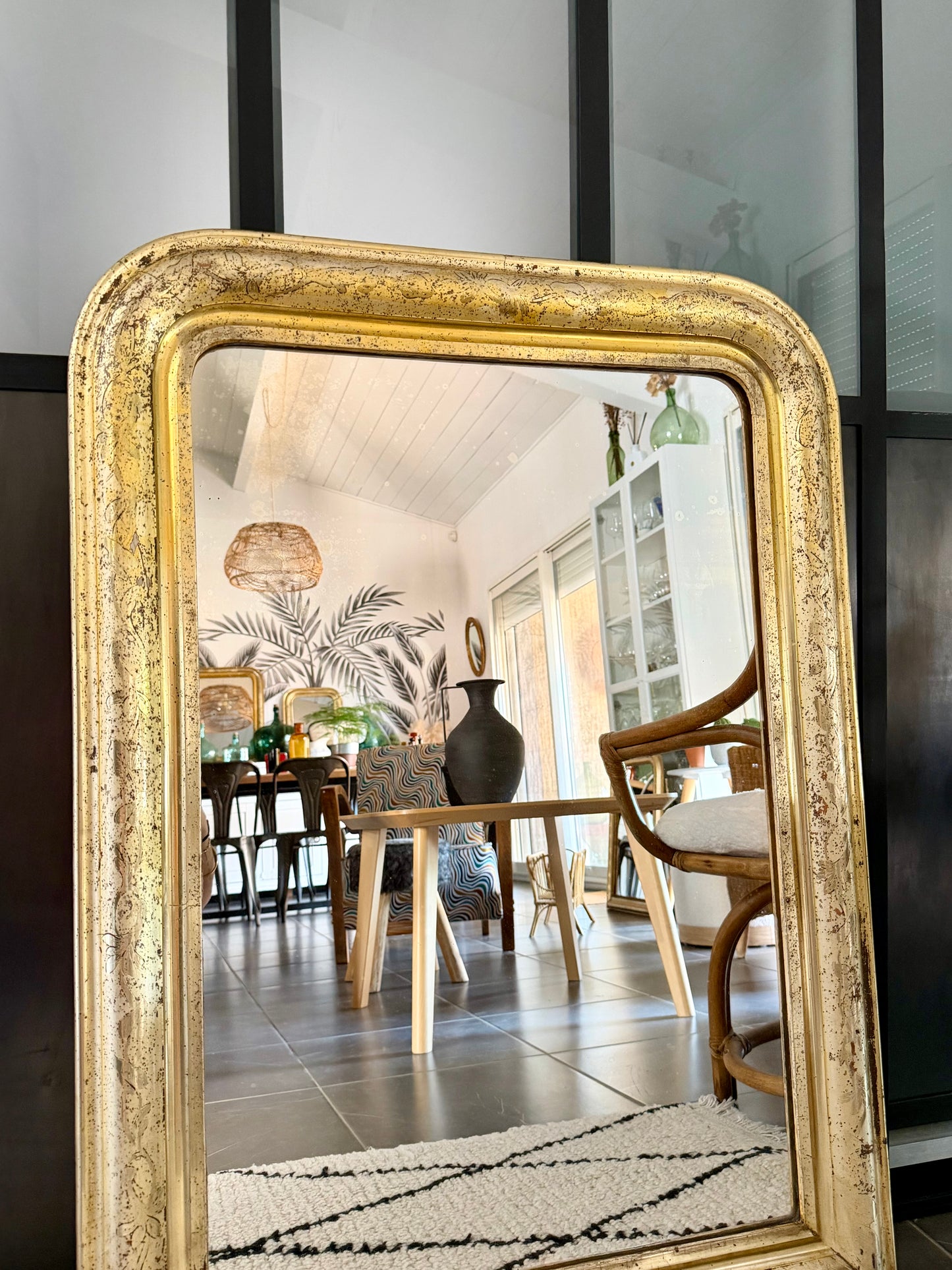 Miroir ancien Louis Philippe entièrement doré à la feuille d’or