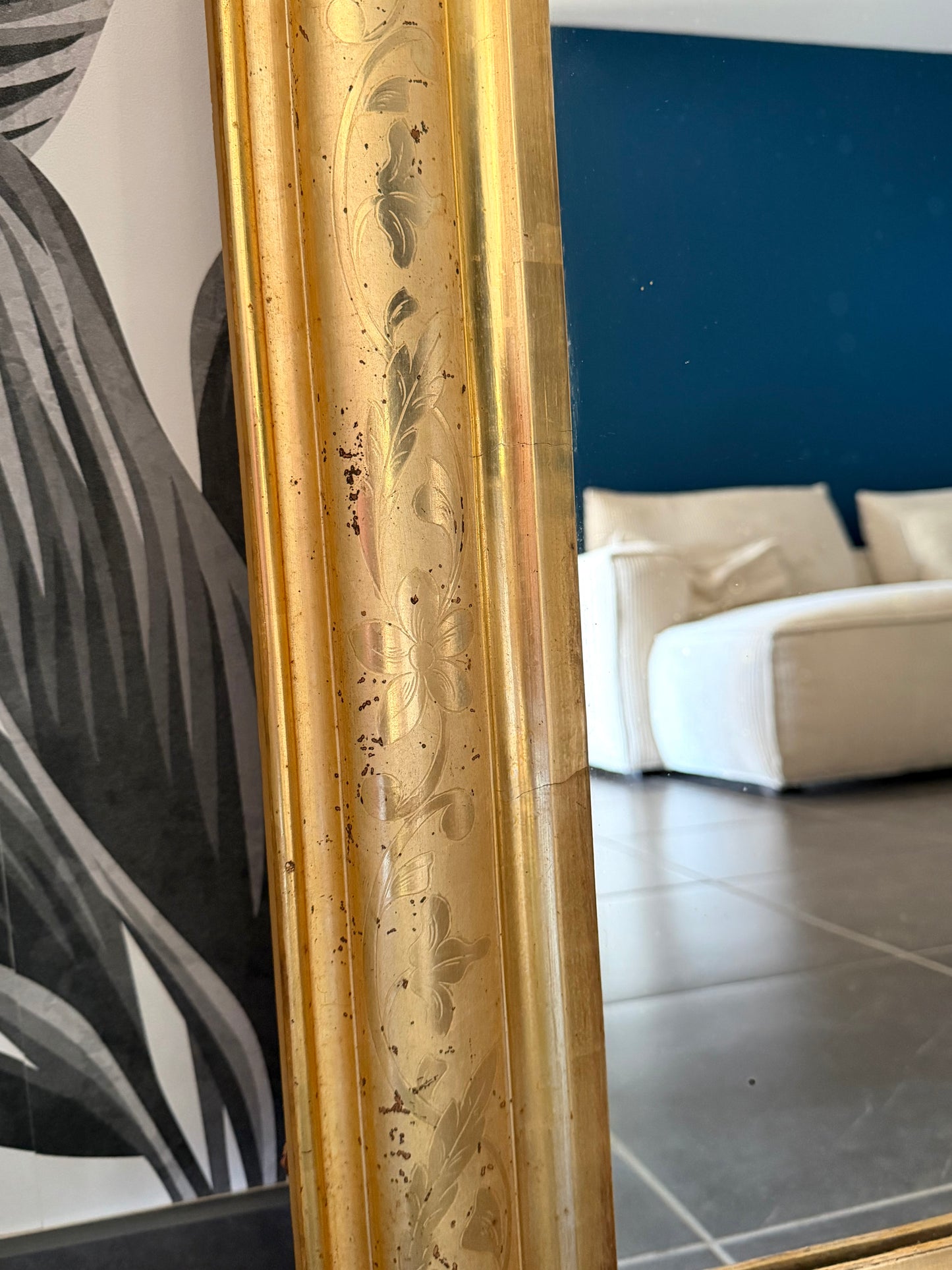 Somptueux miroir ancien Louis Philippe entièrement doré à la feuille d’or - Pièce rare.