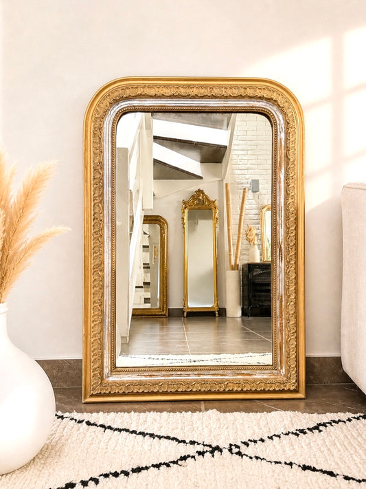 Miroir ancien Louis Philippe doré et subtile feuille d’argent