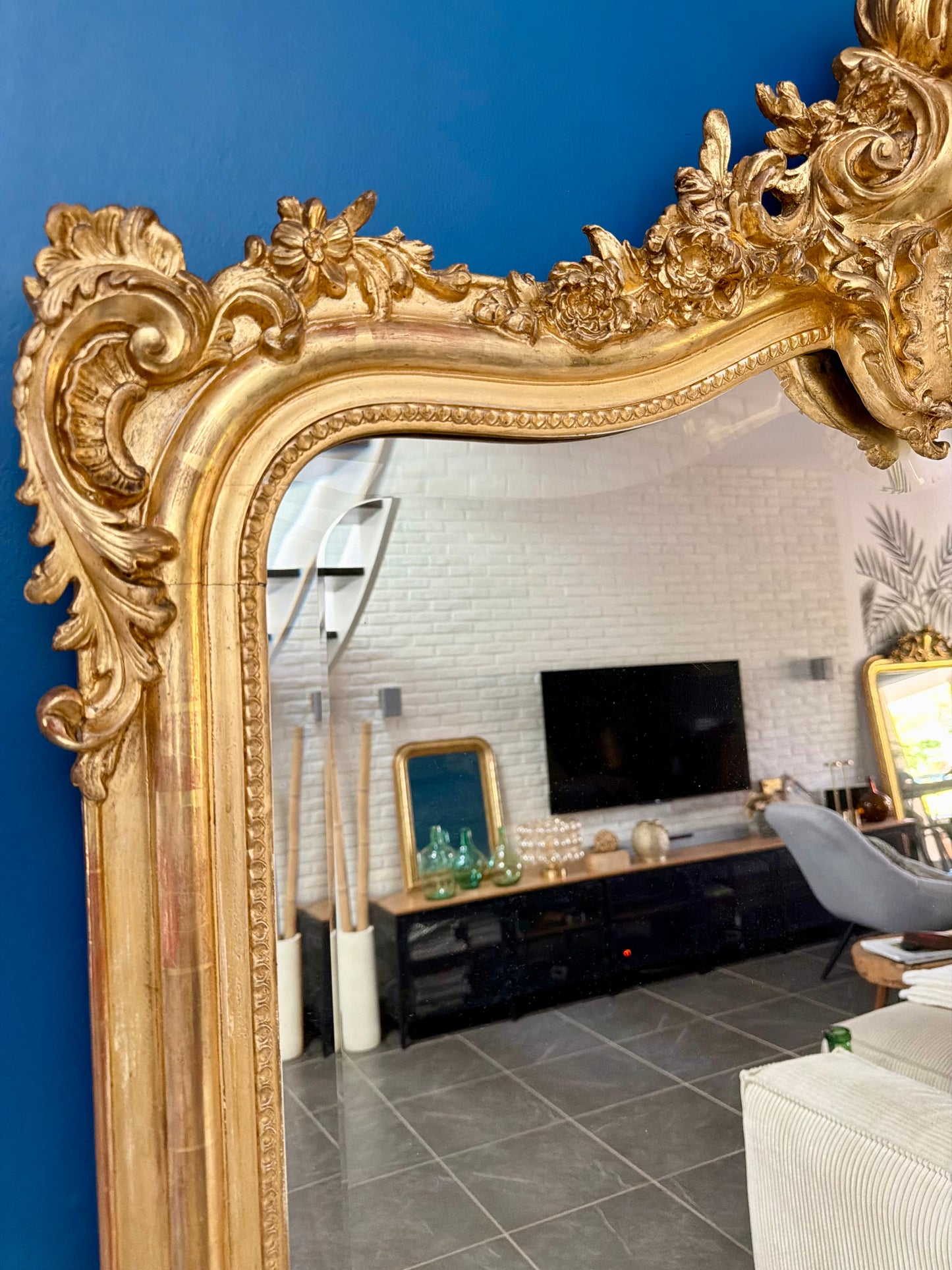 Grand miroir ancien Napoléon III doré à la feuille d’or