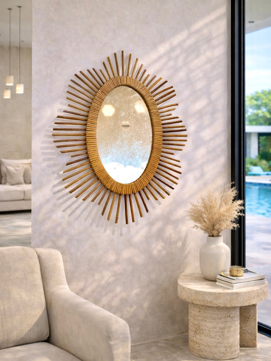 Miroir soleil en rotin