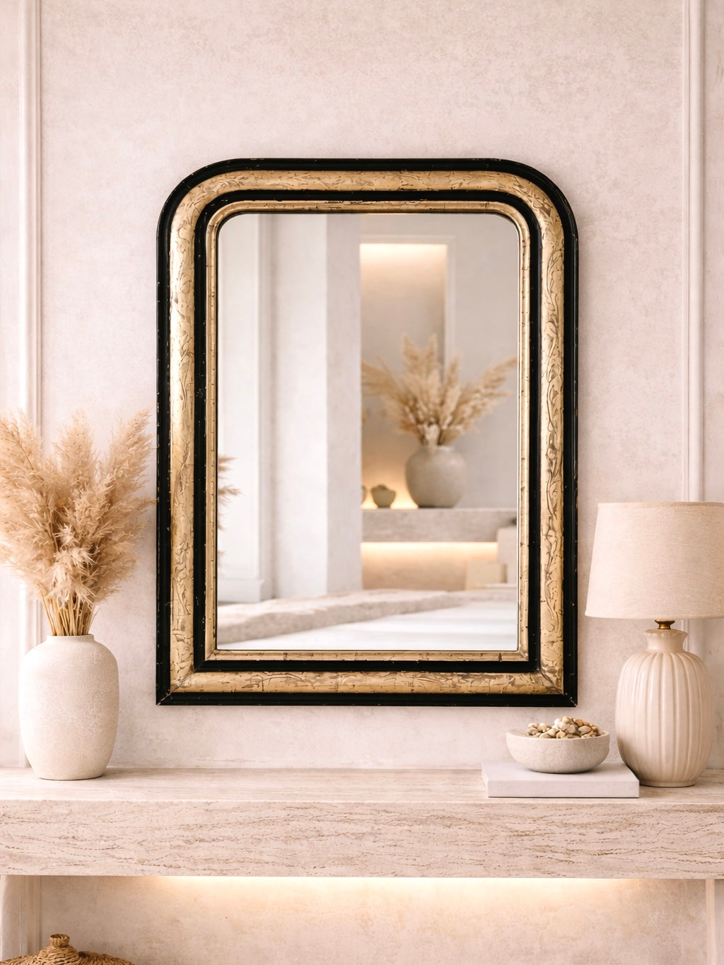 Miroir ancien Louis Philippe doré à la feuille d’or et noir