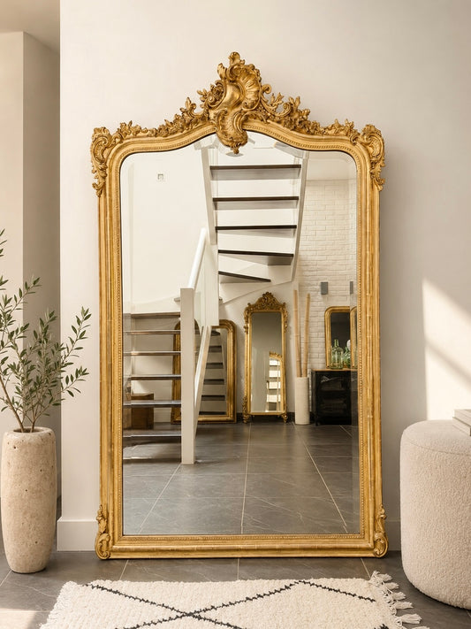 Grand miroir ancien Napoléon III doré à la feuille d’or